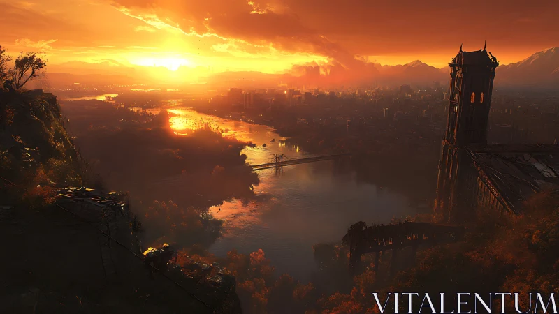 Sunset illuminates river valley and distant urban skyline