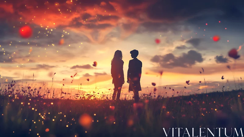 Silhouetted Figures Against Golden Hour Sunset Landscape with Ethereal Particle Effects