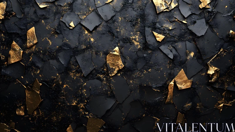 Abstract black cracked texture with gold leaf accents, modern art.
