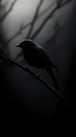 Silhouetted small bird perches on bare branch in dramatic shadow