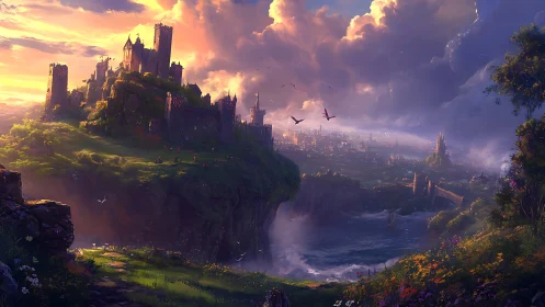 Sunlit cliffside citadel above cascading fantasy estuary.