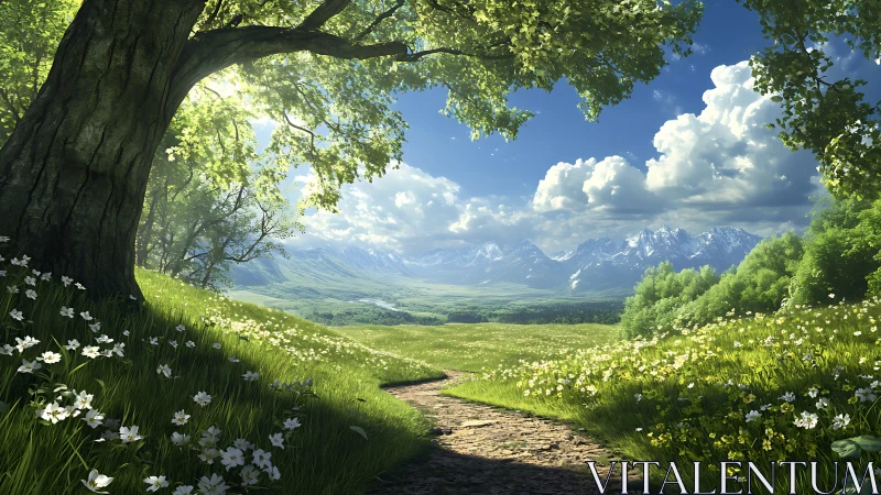 Mountain valley landscape with tree, path and wildflowers.