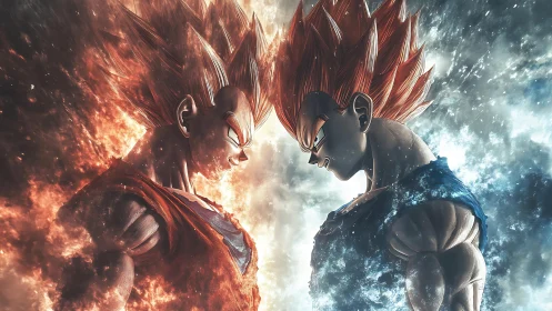 Fiery and icy warriors clash in a dramatic cosmic standoff