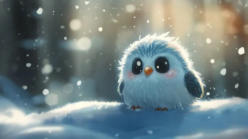 Cute fluffy bird in snowy forest, digital art with soft lighting.