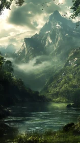 Emerald valley lake beneath mist-shrouded jagged peaks.