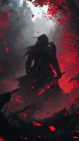 Dark armored warrior in red leaf stormed forest path.