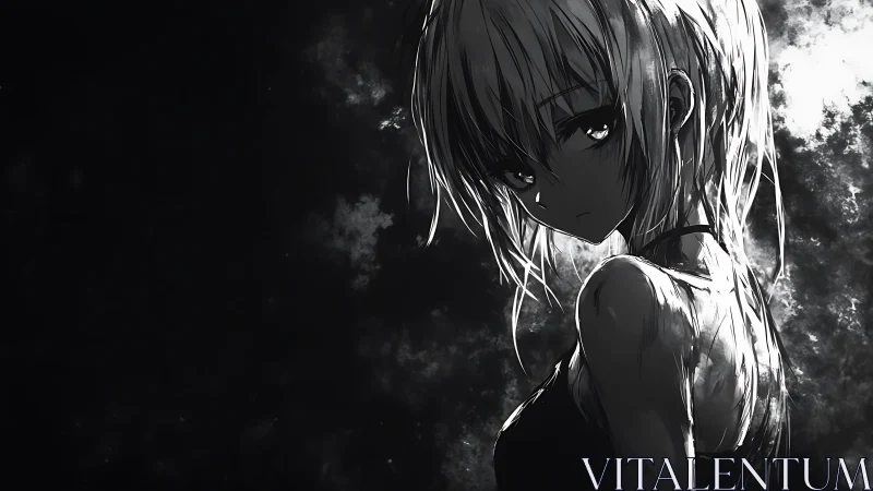 Monochrome anime portrait shows backlit figure in profile