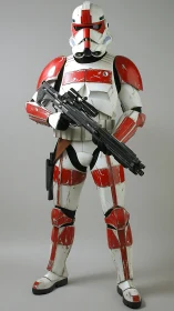 Armored sci-fi trooper in distressed red and white combat suit
