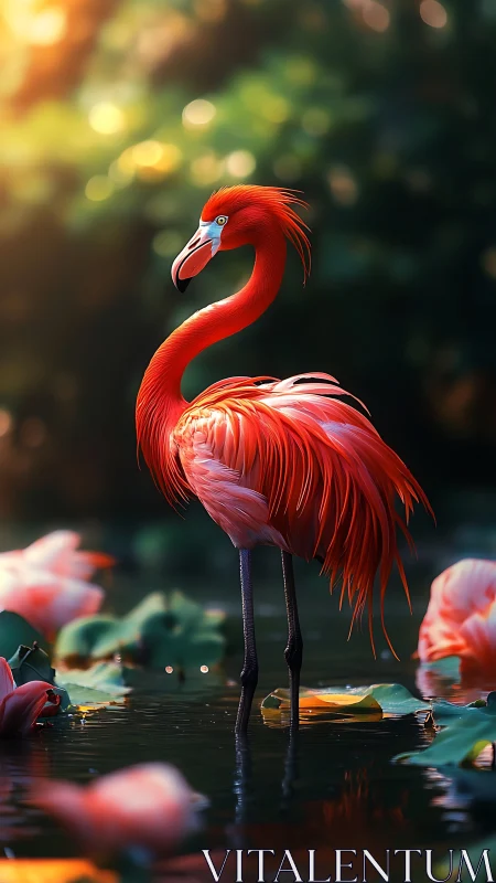 Vivid red flamingo standing in shallow water at sunset.