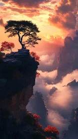 Solitary tree on misty cliff at sunset over deep valley.