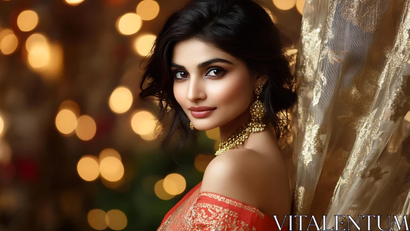 Portrait beauty glows amid golden festive bokeh lights.