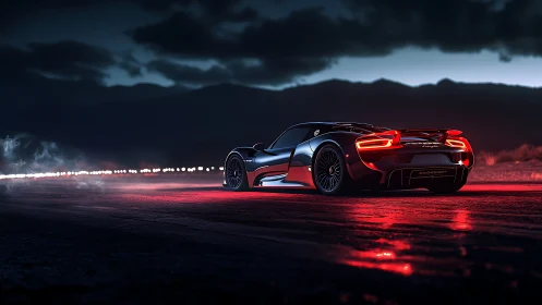 Midnight supercar accelerates along neon lit desert highway