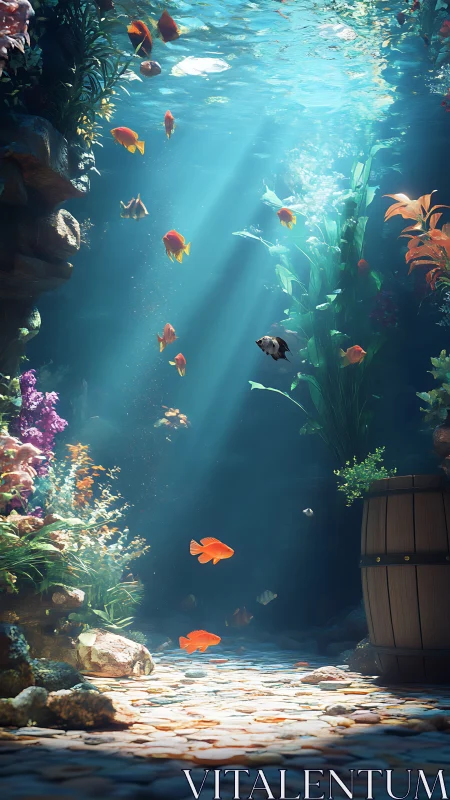 Sunlit coral alley where goldfish drift through liquid glass.