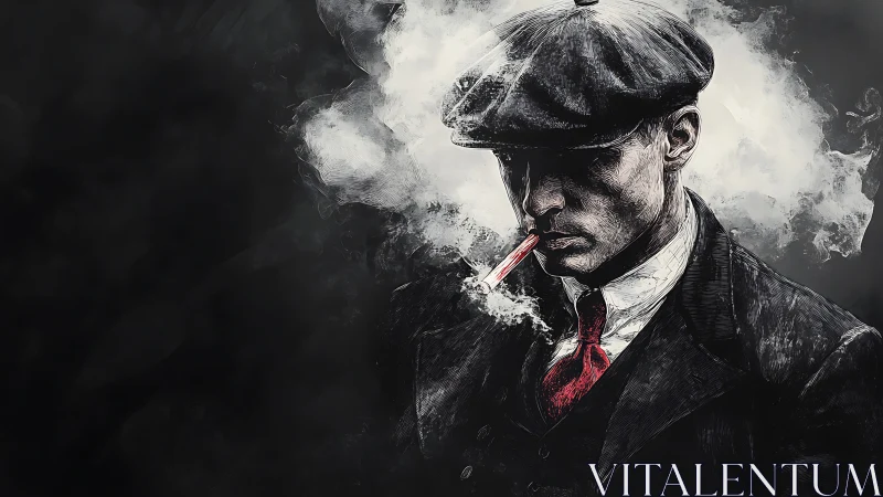 Smoky portrait shows brooding man in flat cap and red tie