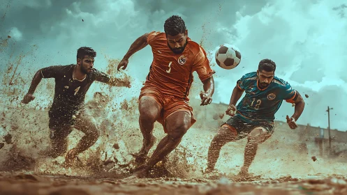 Mud-splattered football warriors chase glory in stormy light.