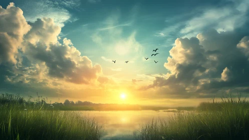 Digital painting sunset over tranquil marshland horizon.