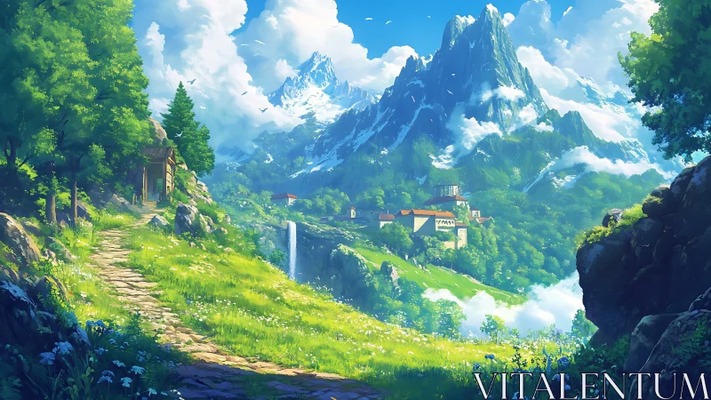 Luminous alpine valley with terraced village, path and waterfall