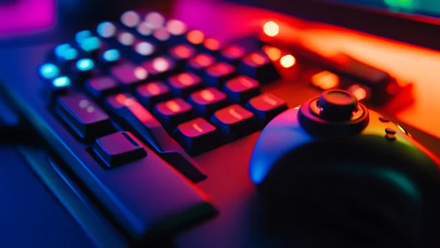 Neon keystrokes and joystick glow conduct a midnight game