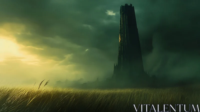 Stormlit tower watching over windswept golden fields.