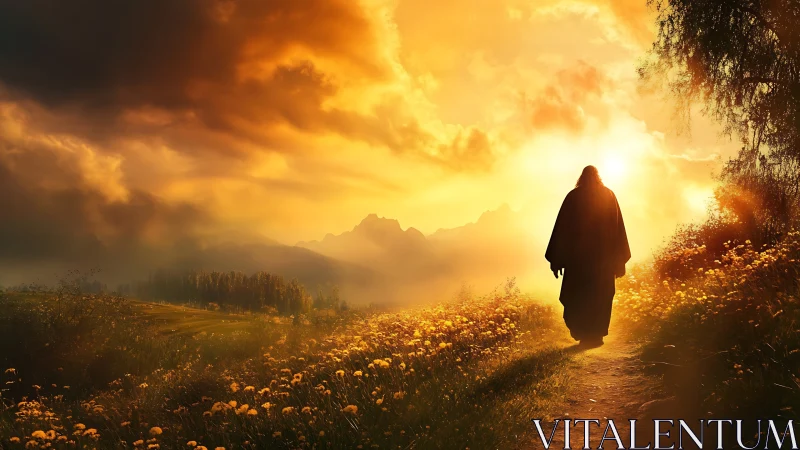 Golden sunrise path welcomes a lone robed figure in peace