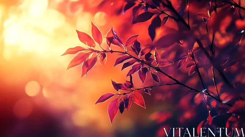 Autumn Leaves Branch with Warm Sunlight, Soft Focus Nature Art.