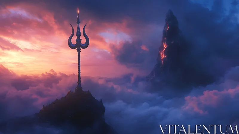 Trident monument above clouds with distant volcanic peak.