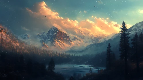 Snow-covered mountain range is illuminated by diffuse sunset light