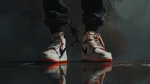 High-top sneakers on reflective wet floor in low light.