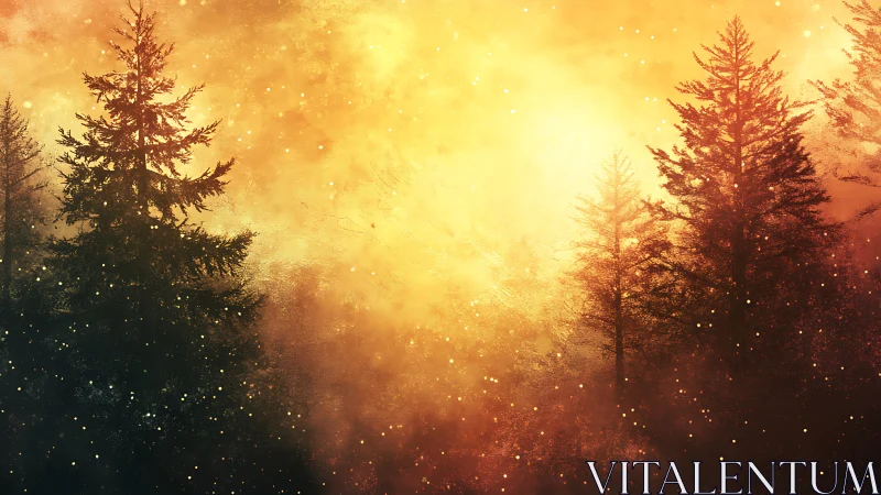 Coniferous forest landscape with atmospheric lighting.