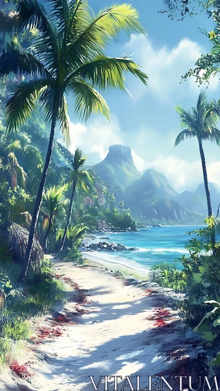 Tropical Coastal Paradise: Elevated Mesa Cove with Palm Fronds and Luminous Cerulean Waters