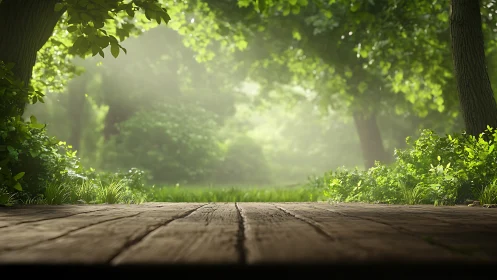 Sunlit Forest Path: Wooden Platform Framing Luminous Canopy