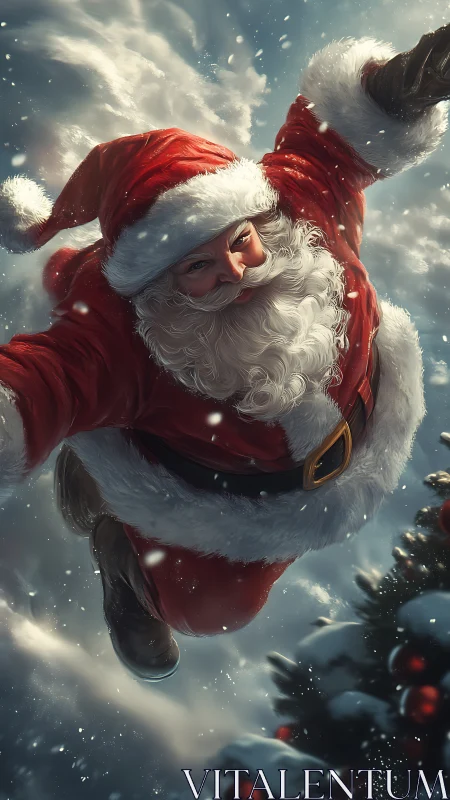 Cinematic digital Santa soaring through atmospheric snowfall.