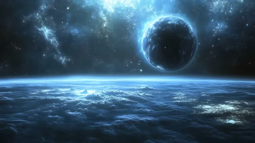 Illuminated gas giant above clouded horizon with volumetric glow