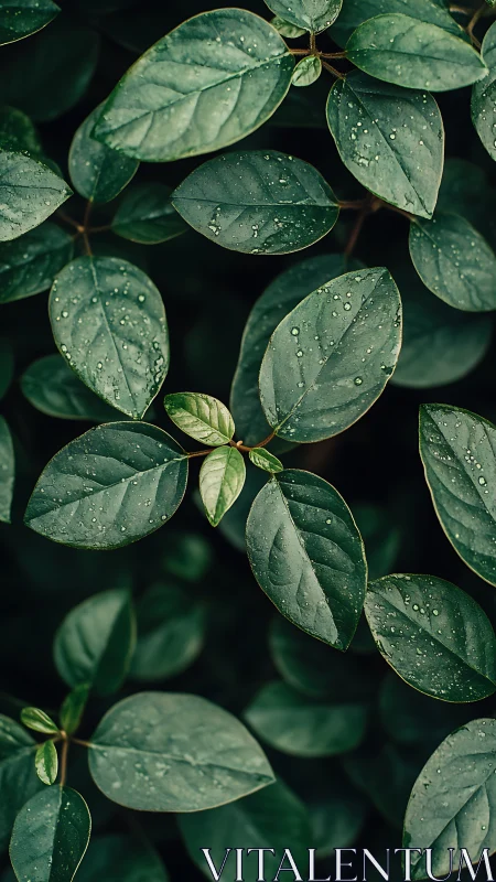 Green foliage with water droplets in uniform overhead view.