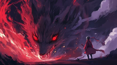 Swordsman confronts colossal flaming fox spirit in storm