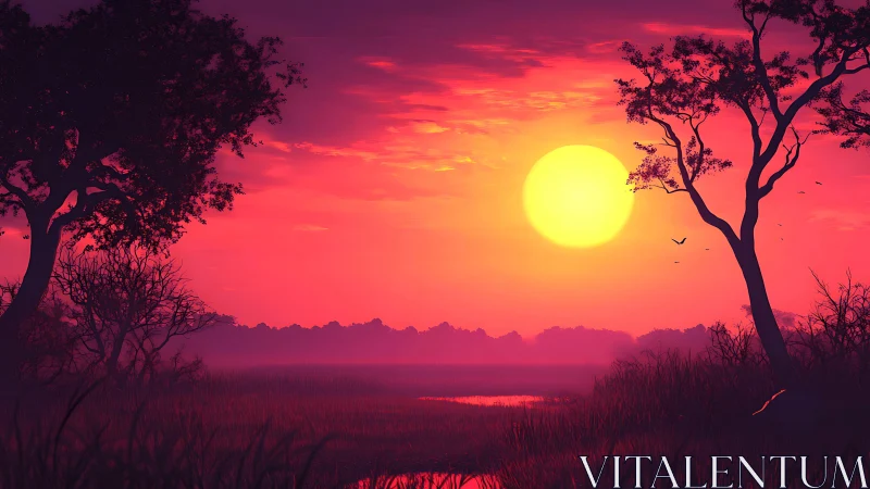 Crimson wetland sunset silhouettes trees against vivid sky