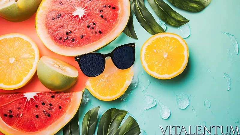 Citrus and watermelon flatlay with sunglasses on teal backdrop.