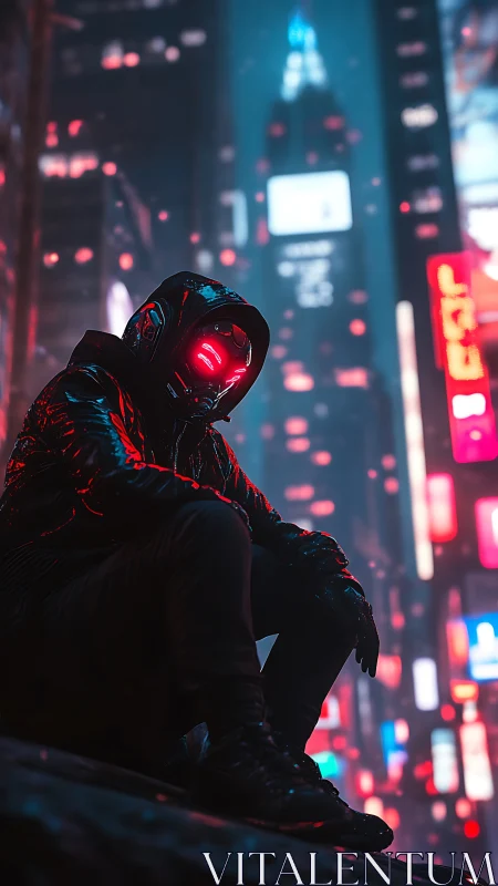Hooded figure in neon cityscape crouches with glowing visor