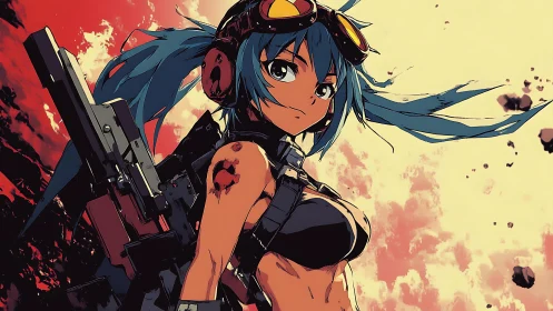 Blue haired anime soldier stands armed against red sky
