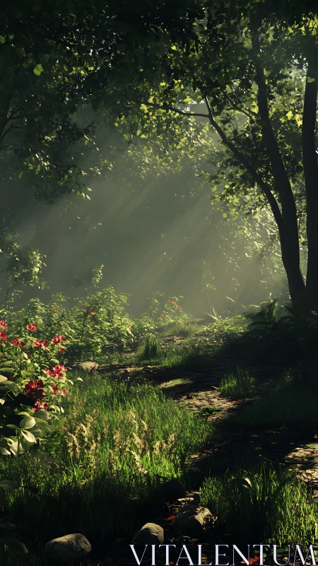 Forest Stream with Filtered Sunlight Through Canopy