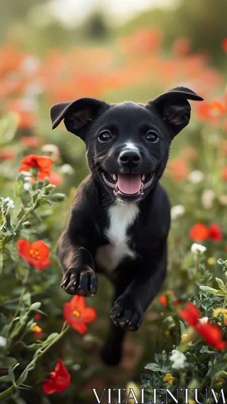 Joyful black puppy runs through sunlit poppy field