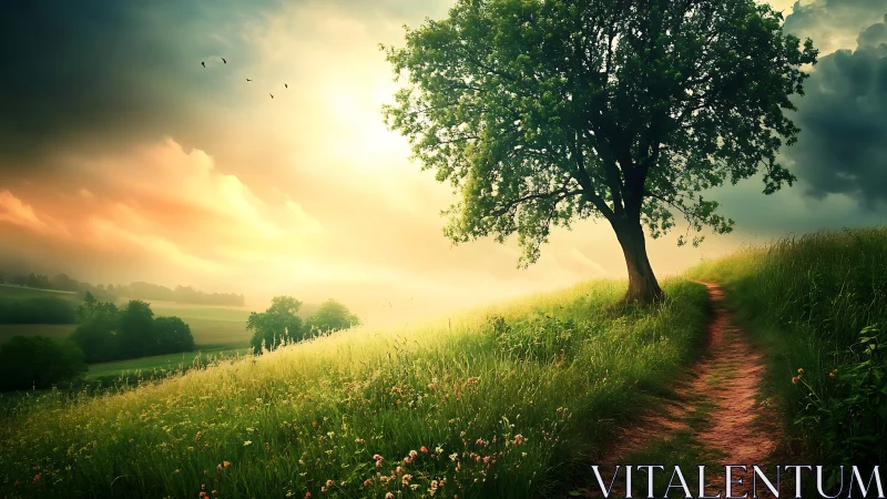 Sunlit hillside path with lone tree under dramatic sky.