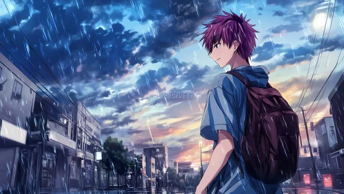 Rain-silvered streets cradle a lone student between storms