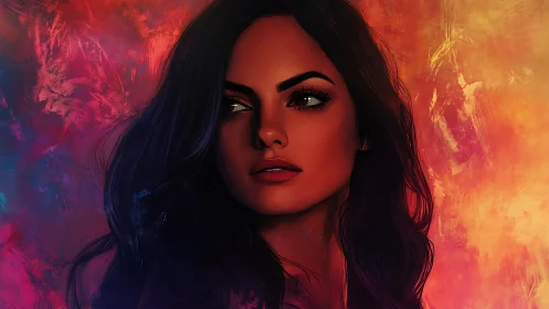 Digital portrait woman against vivid warm color abstract field.