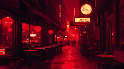 Monochromatic neon alleyway with red spectral restaurant glow.