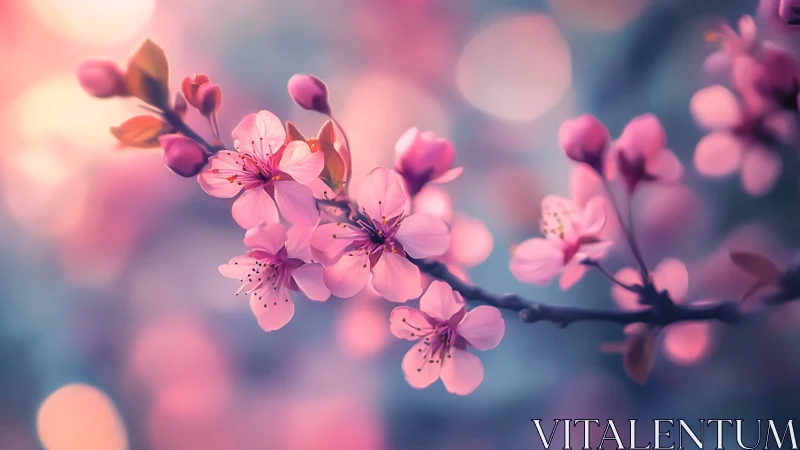 Soft-focus cherry blossoms glow in dreamy spring light.