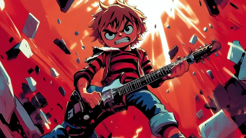 Rock guitarist boy blasting power chords in explosion scene.