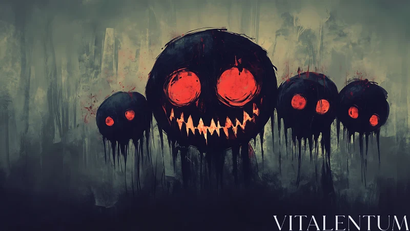 Grotesque red eyed skull spheres float in a dark mist