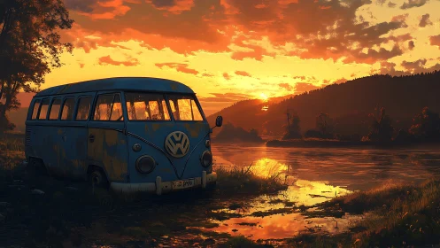 Rusty blue van rests by a glowing river at sunset