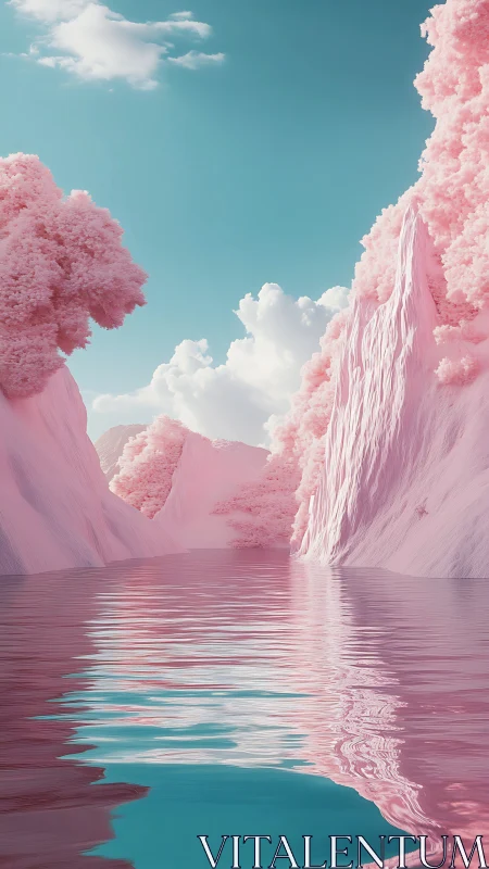 Dreamlike pink canyon lake shimmers beneath tranquil turquoise sky